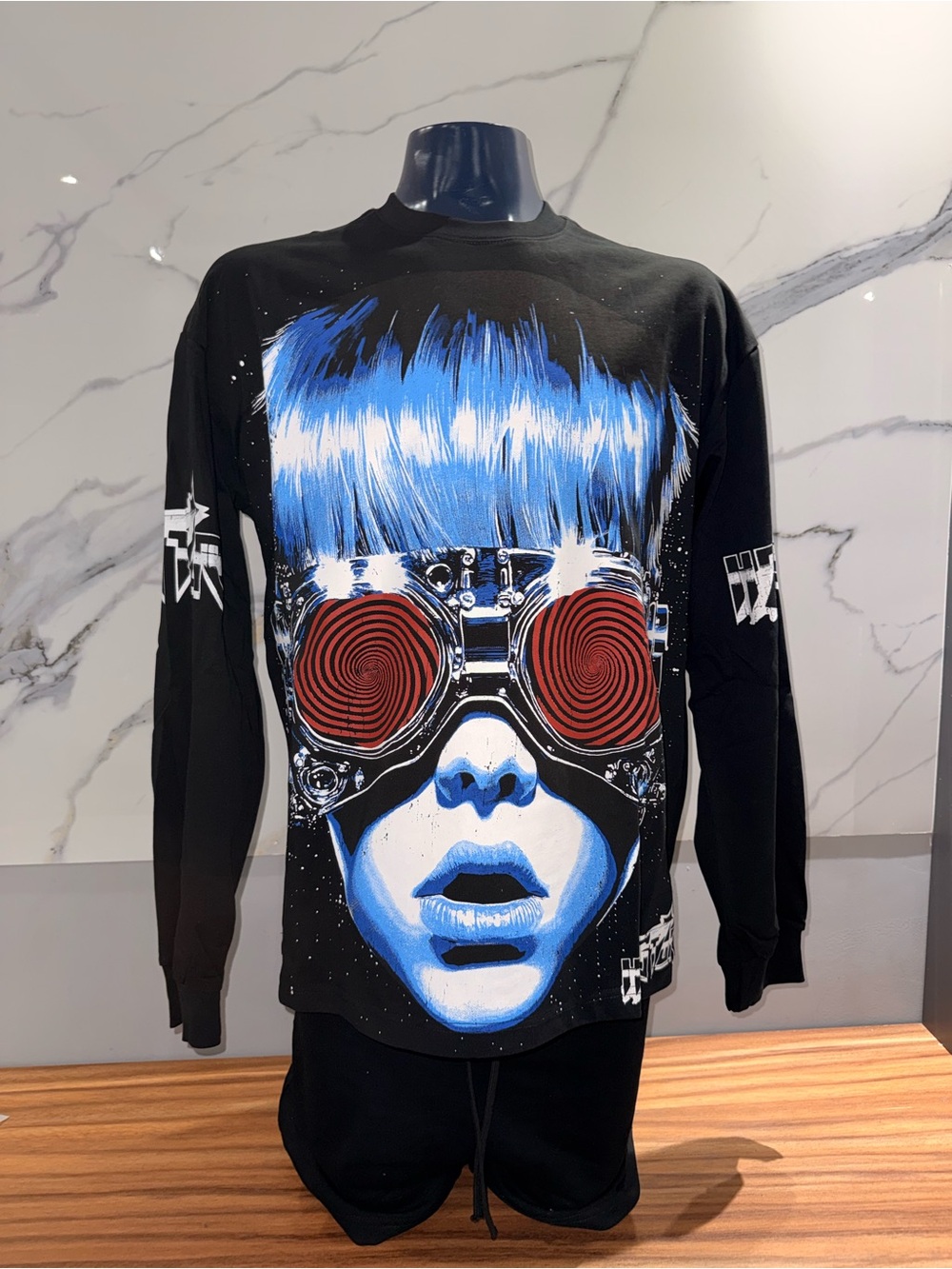 Hellstar Black Graphic Long Sleeve Tee with Blue Hair and Red Goggles - Picture 1 of 13
